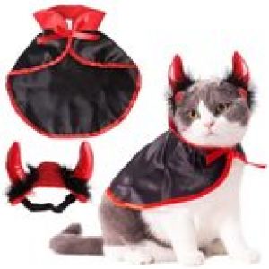 Kingsie 猫 コスチューム 2点セット マント 帽子 ケープ 小型犬 猫用被り物 悪魔 黒 ペット服 変身グッズ 仮装 コスプレ ハロウィン ク