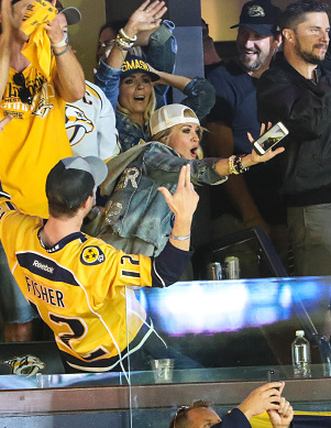 NASHVILLE, TN - JUNE 05:  Singer-songwriter Carrie Underwood attends the Stanley Cup Finals Game 4 Nashville Predators Vs. Pittsburgh Penguins at Bridgestone Arena at Bridgestone Arena on June 5, 2017 in Nashville, Tennessee.  (Photo by Terry Wyatt/Getty Images)